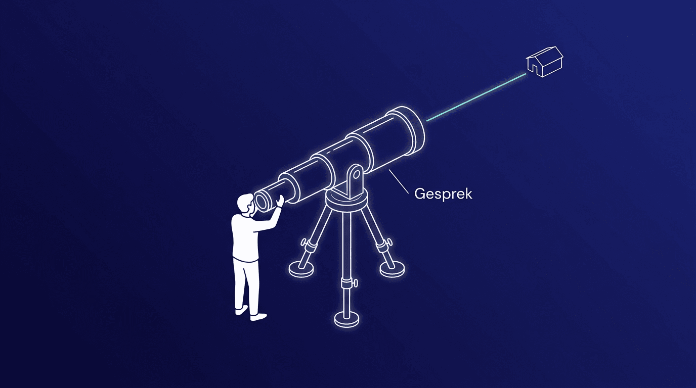 Telescoop gericht op een gebouw; een figuur kijkt door de lens