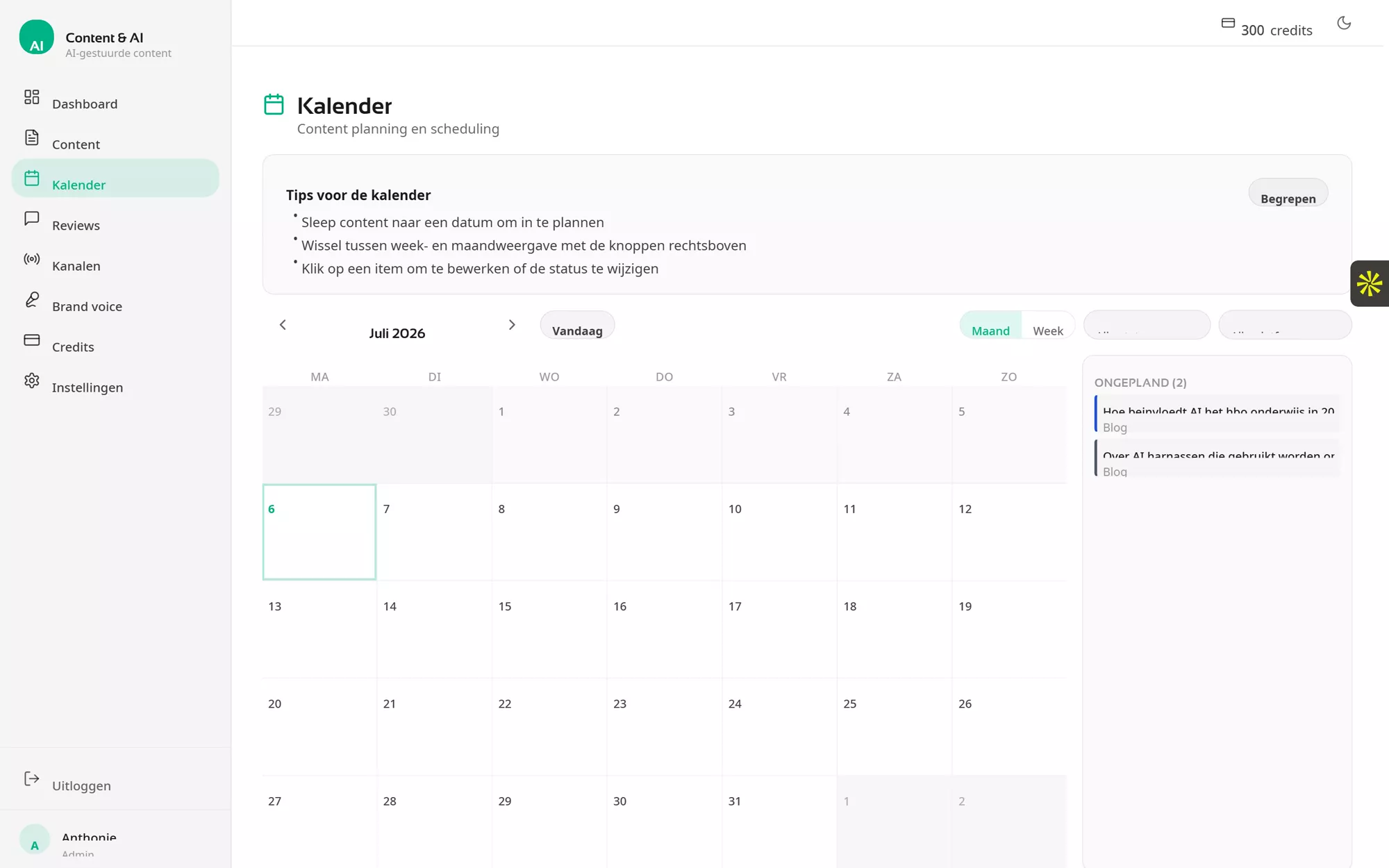 Contentkalender met geplande artikelen en posts