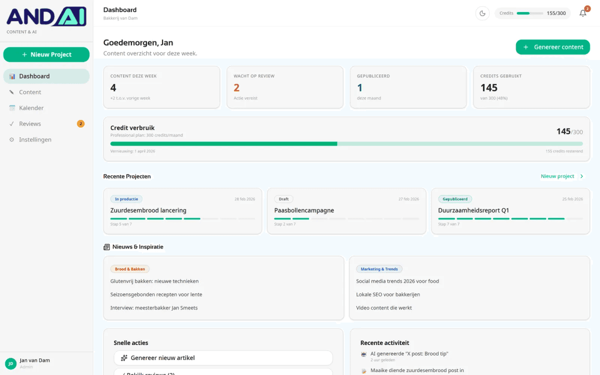 Contentwizard in de And AI-omgeving met een blogartikel en socialposts klaargezet voor publicatie.