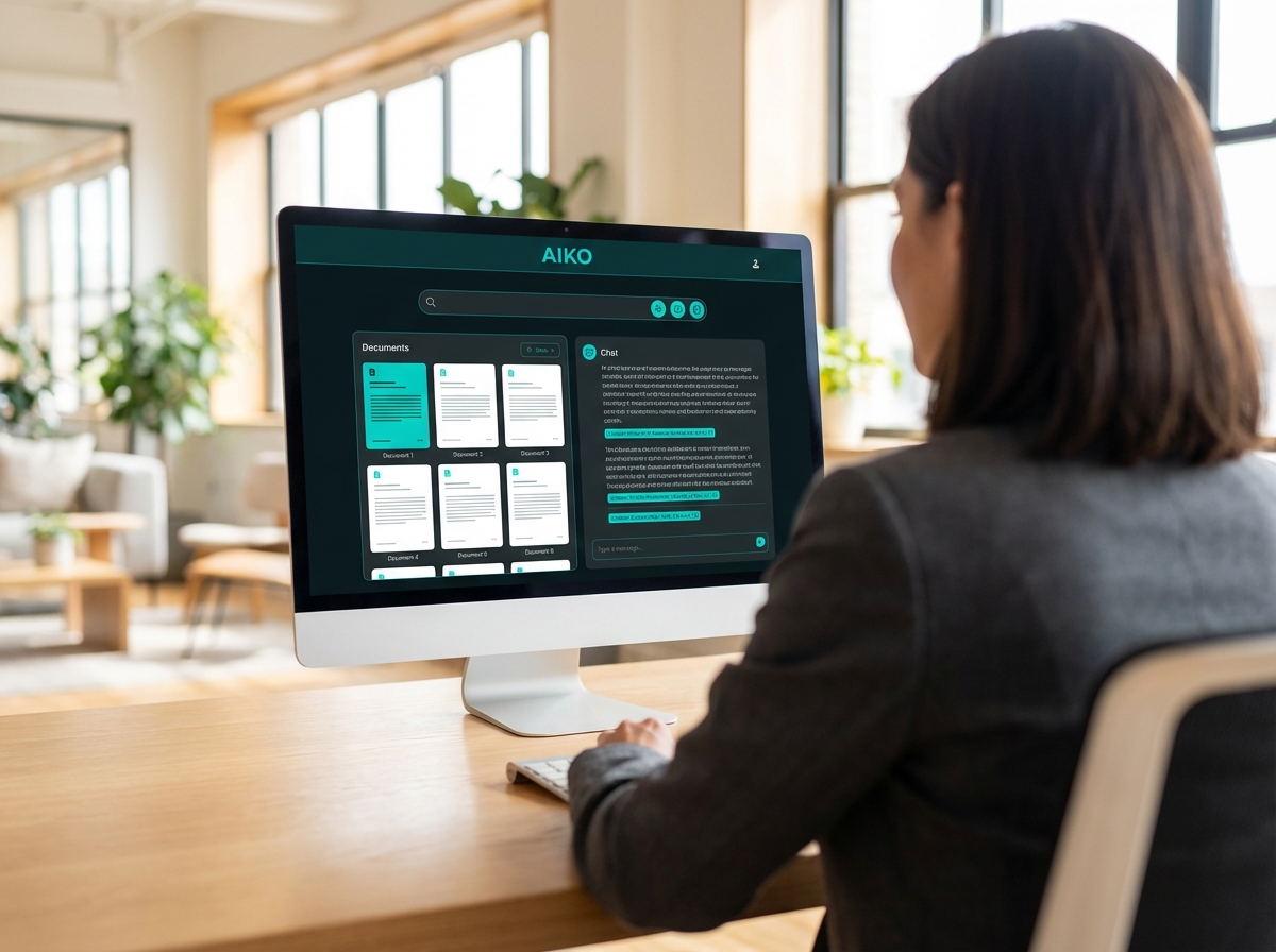Vrouw gebruikt de AIKO Kennisassistent op een monitor: AI-dashboard met zoekfunctie, documenten en bronvermeldingen