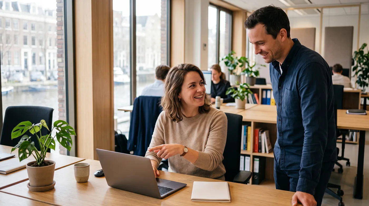 Twee collega's overleggen achter een laptop in een kantoor aan het water