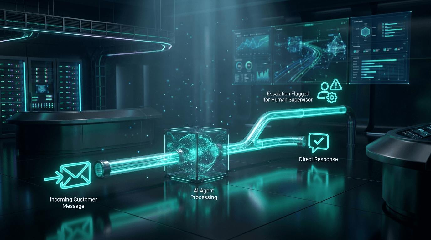 AI-agent pipeline: inkomende klantvraag wordt verwerkt door een agent en vertakt naar direct antwoord of escalatie naar een mens