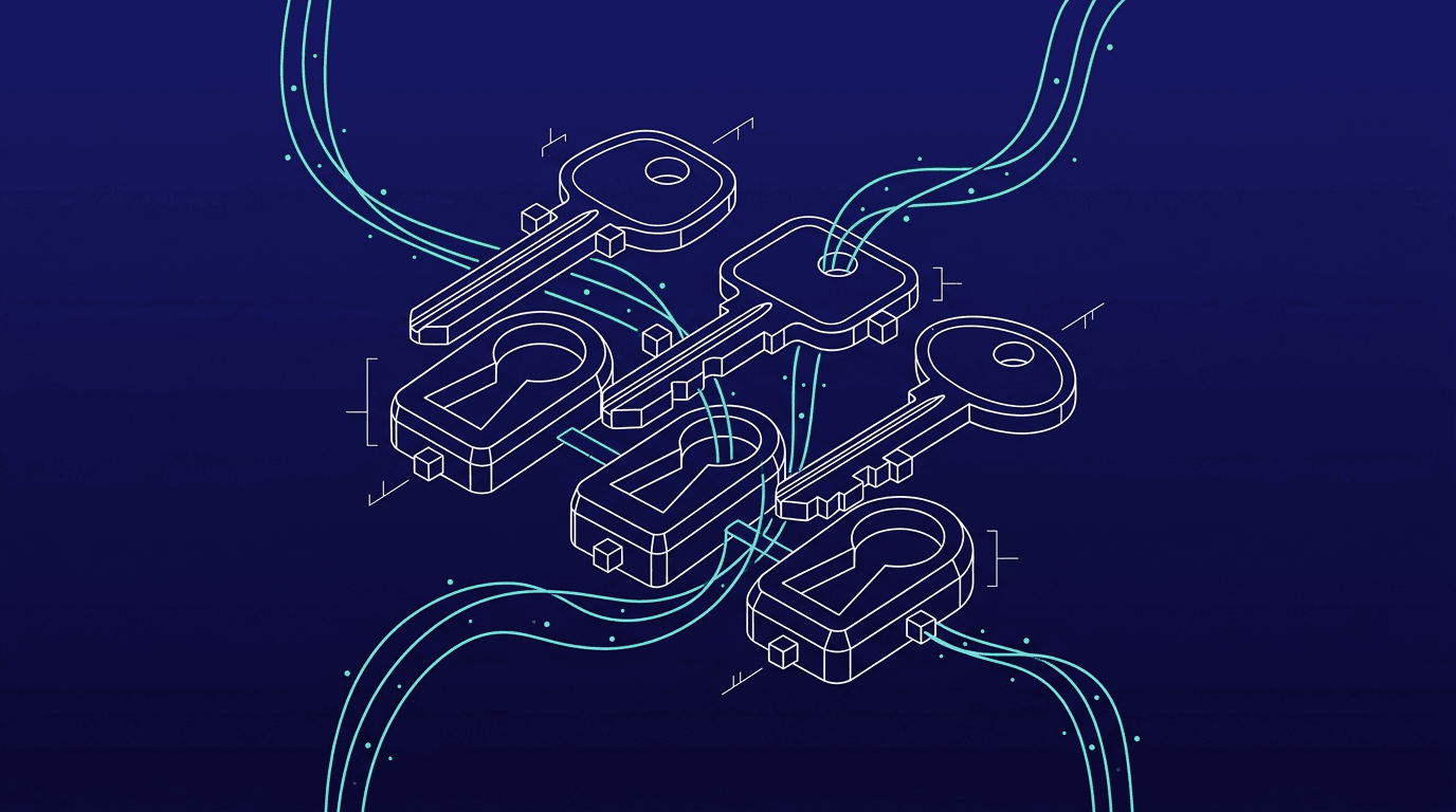 Drie wireframe-sleutels boven drie bijpassende sleutelgaten op een navy gradient met turquoise stromen, in And AI-stijl