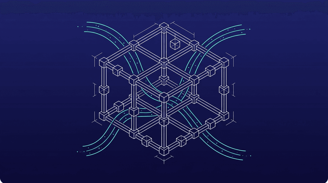 Wireframe illustration of a modular AI framework with turquoise connections on dark blue
