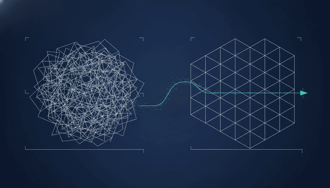 Wireframe-illustratie: van chaotische chat naar een geordend agent-systeem