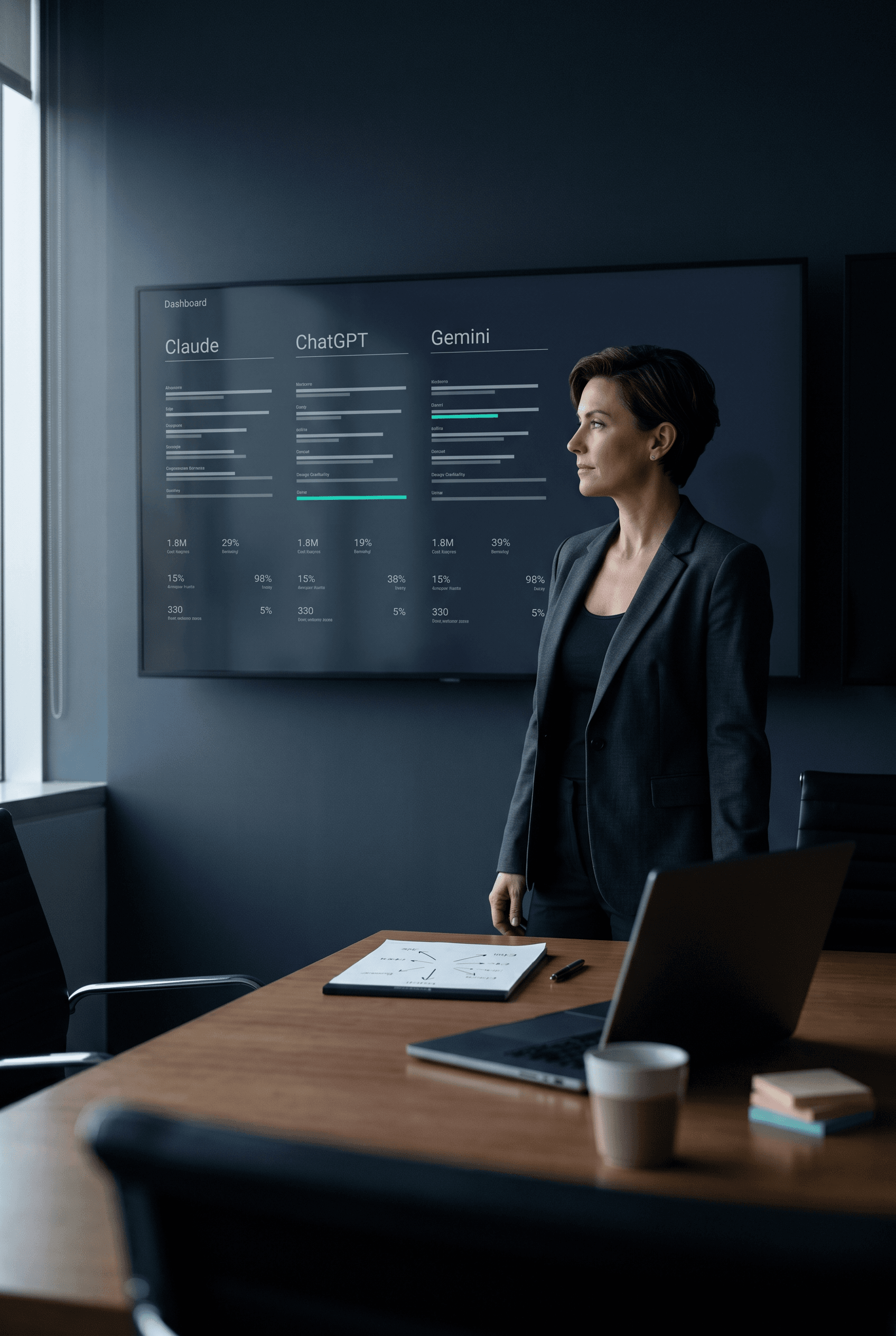 Manager bekijkt AI-dashboard met Claude, ChatGPT en Gemini in modern boardroom