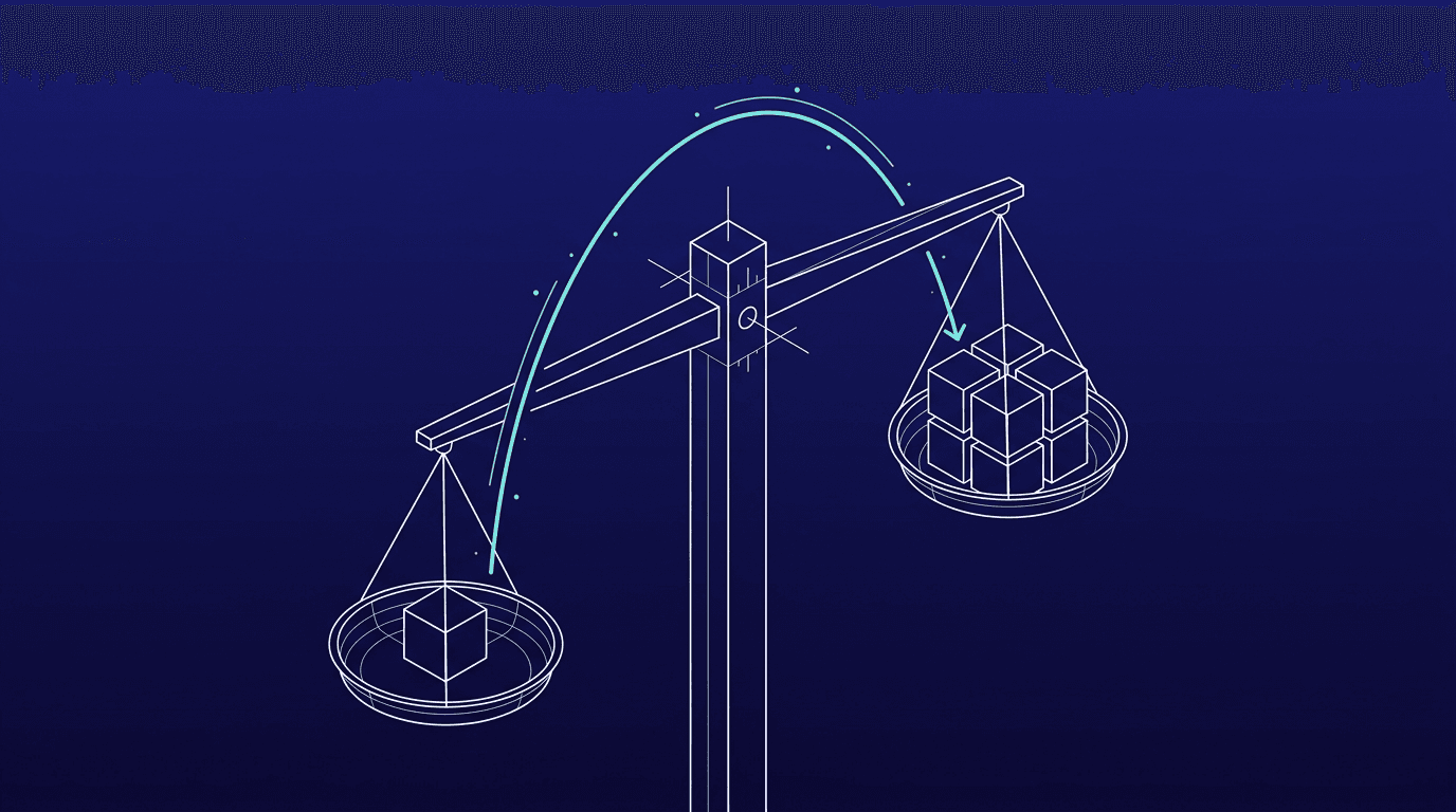 Strategische keuze tussen Microsoft Copilot en Custom AI gevisualiseerd als weegschaal