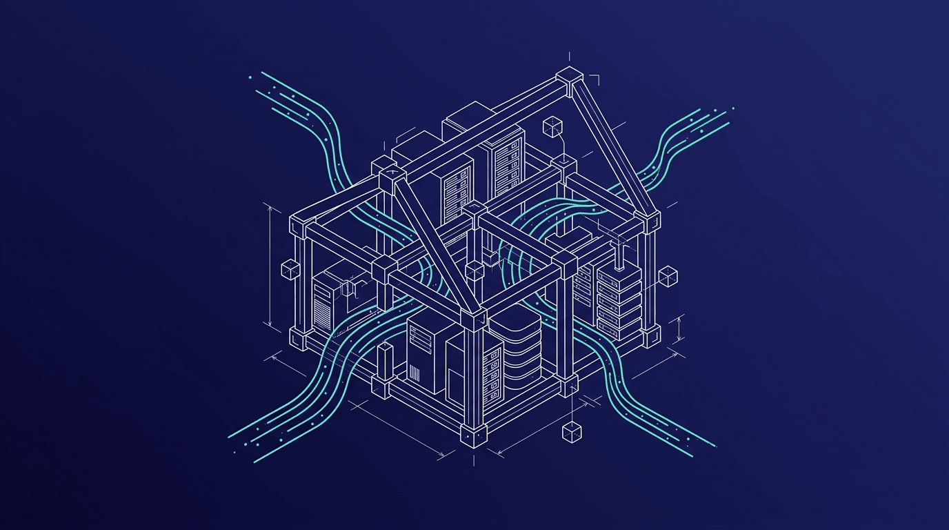 Wireframe-illustratie van een AI-omgeving in eigen beheer met datastromen in turquoise op donkerblauw