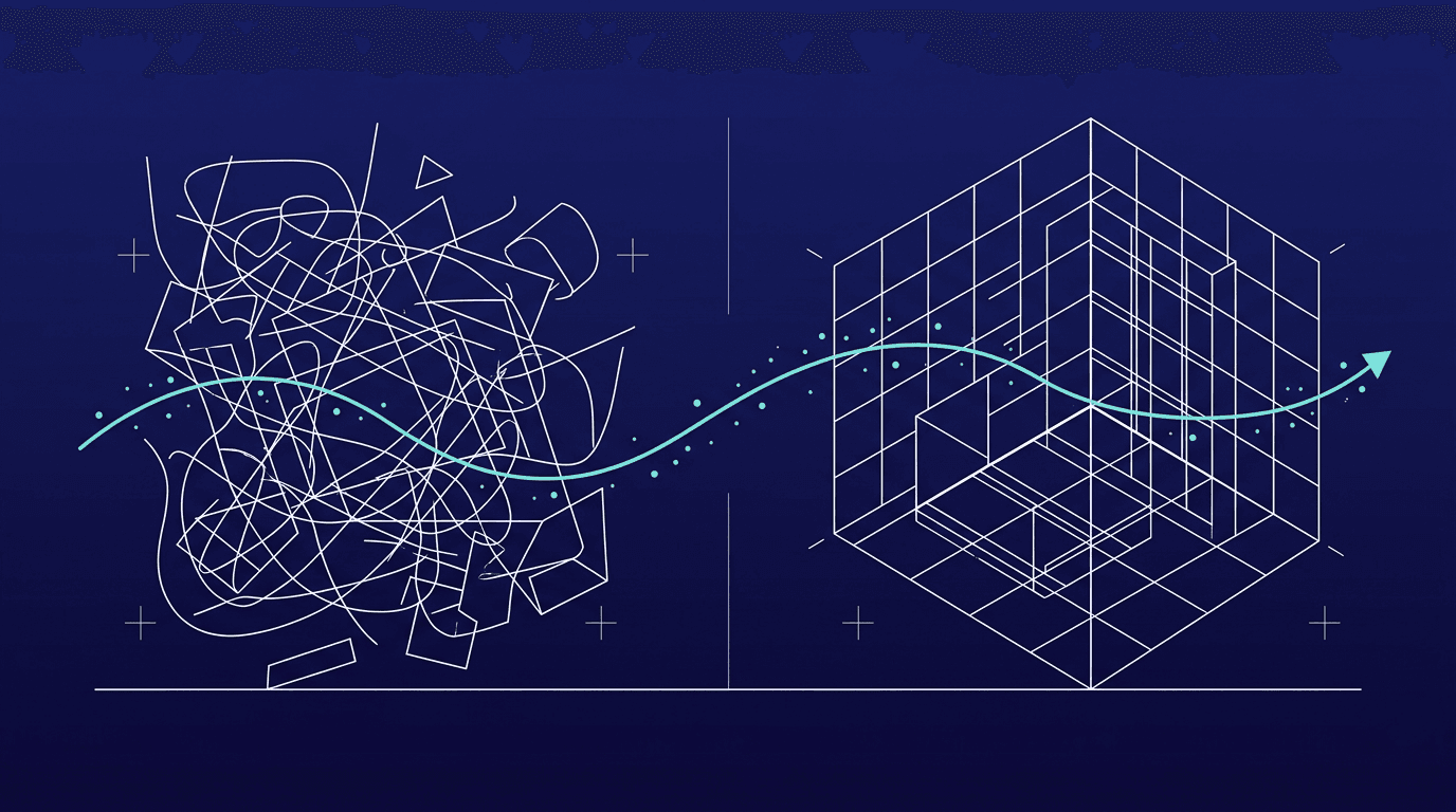 Wireframe-illustratie: van een wirwar van losse AI-tools naar een geordend, zelfgebouwd systeem