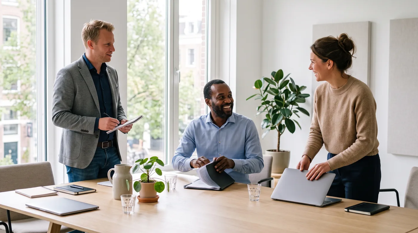 Drie collega's ronden een overleg af aan een vergadertafel
